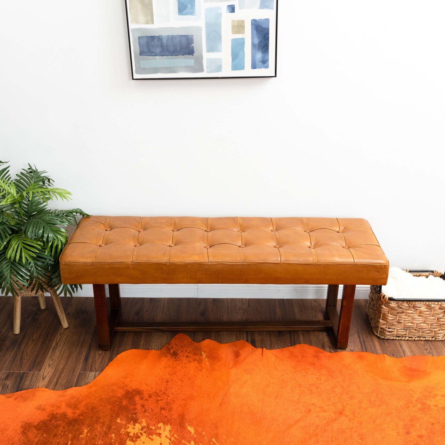 Cameron Mid-Century Modern Tan Leather Bench with Solid Wood Frame 17.5''H x 51''W x 16''D for Living Room Bedroom Waiting Room FredCo