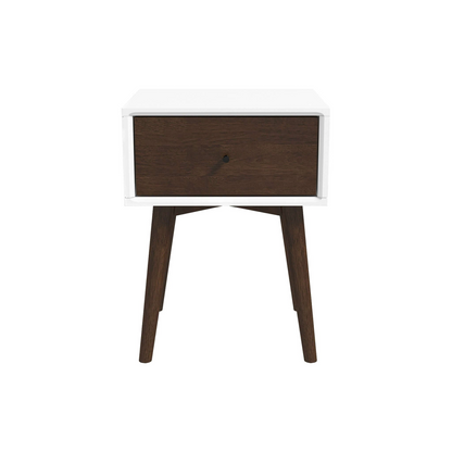 Mid-century modern nightstand with white frame, dark brown drawer, and angled legs