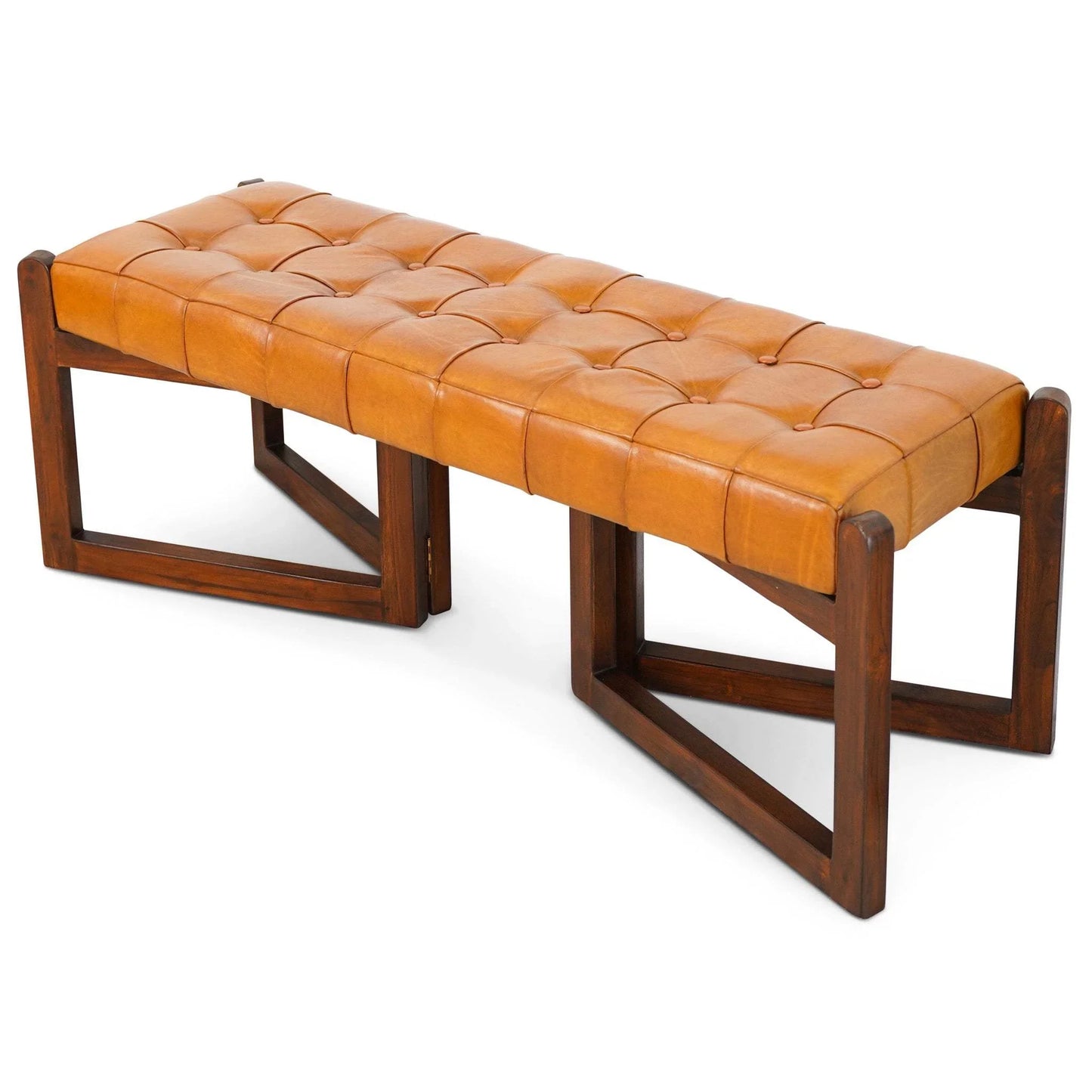 Mid-century modern tufted leather bench with wooden frame, FredCo International furniture