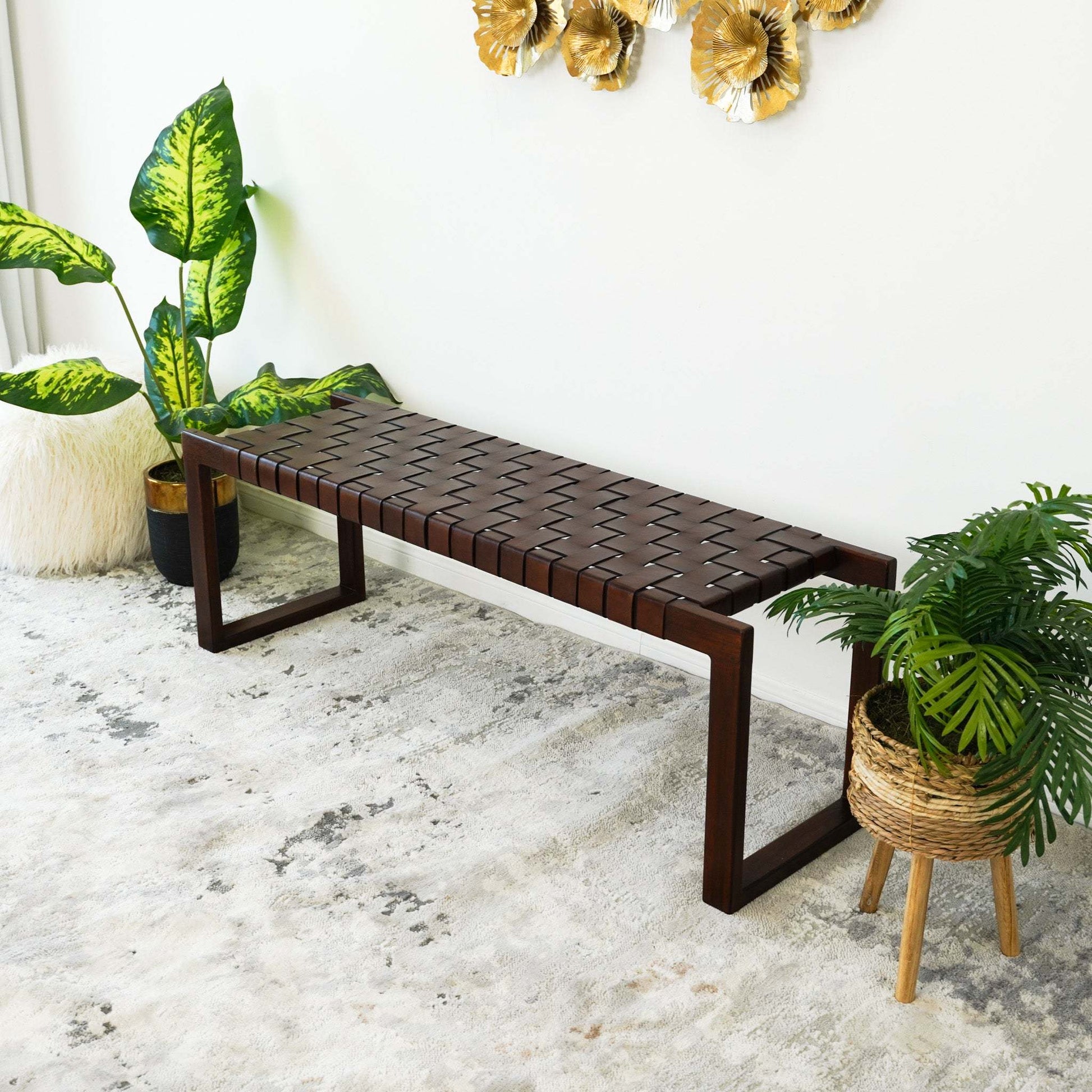 Christina Mid-Century Modern Tan Leather Bench with Solid Wood Frame and Tapered Legs 18.5'H x 55'W x 15.7'D for Living Room Bedroom Waiting Room FredCo
