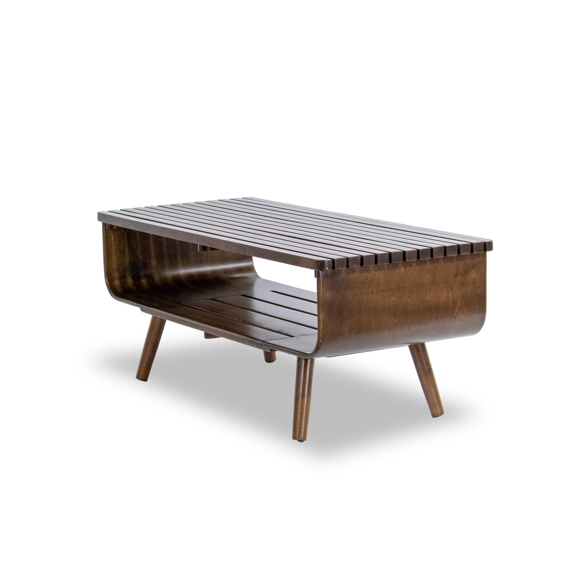 Mid-century modern wooden coffee table with slatted top and storage shelf by FredCo International