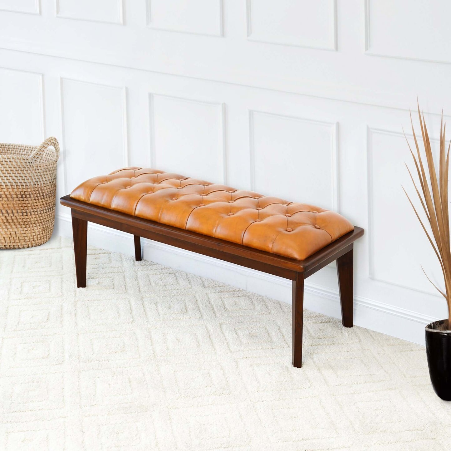 Arden Tan Leather Bench With Buttons FredCo