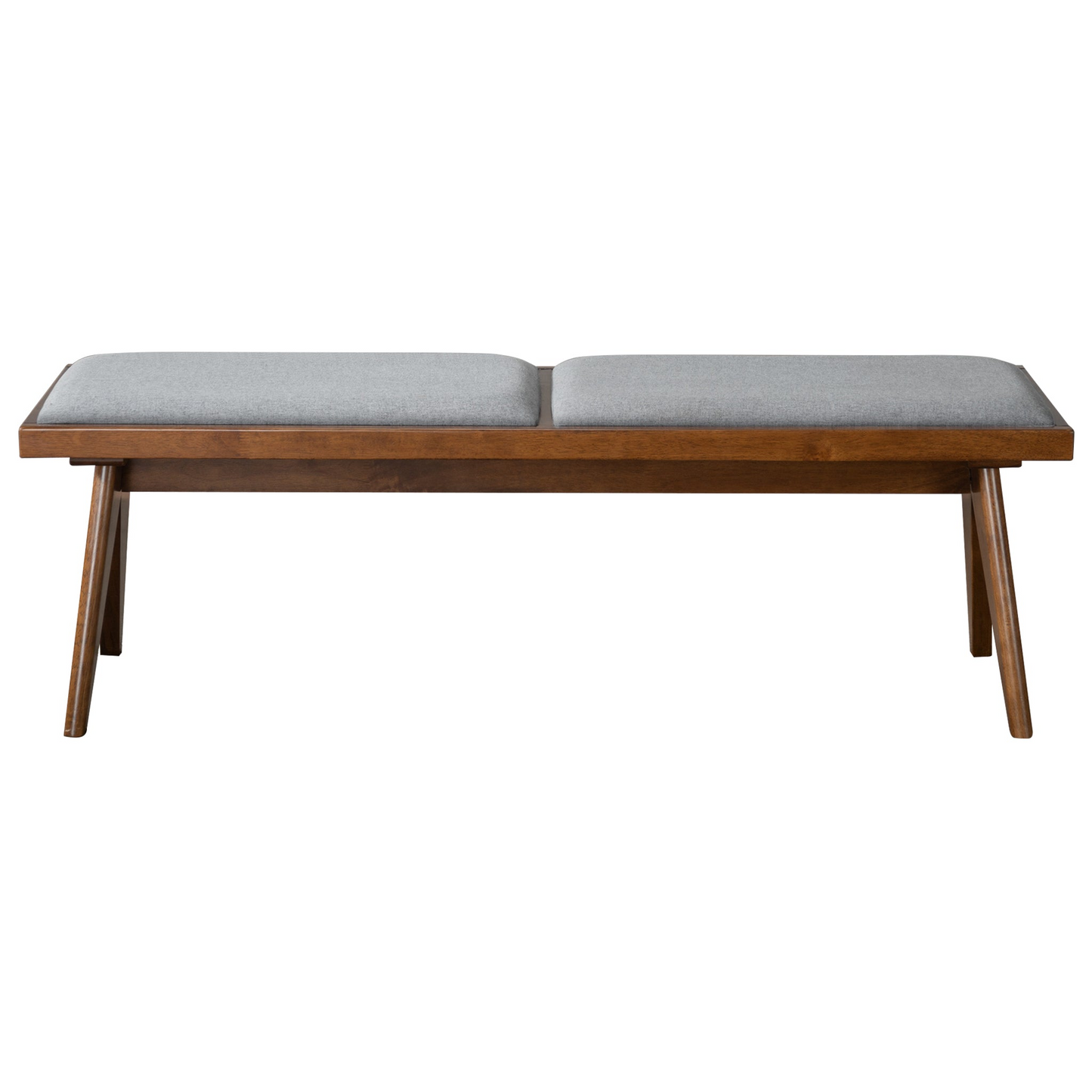 Modern wooden bench with gray upholstered seat, perfect for home entryway or dining room.