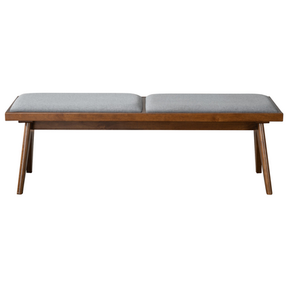 Modern wooden bench with gray upholstered seat, perfect for home entryway or dining room.