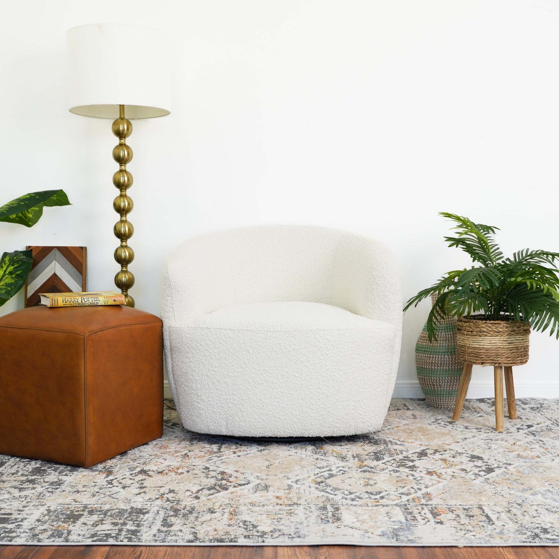 Mina Modern Boucle Swivel Chair with Sturdy Frame in White FredCo