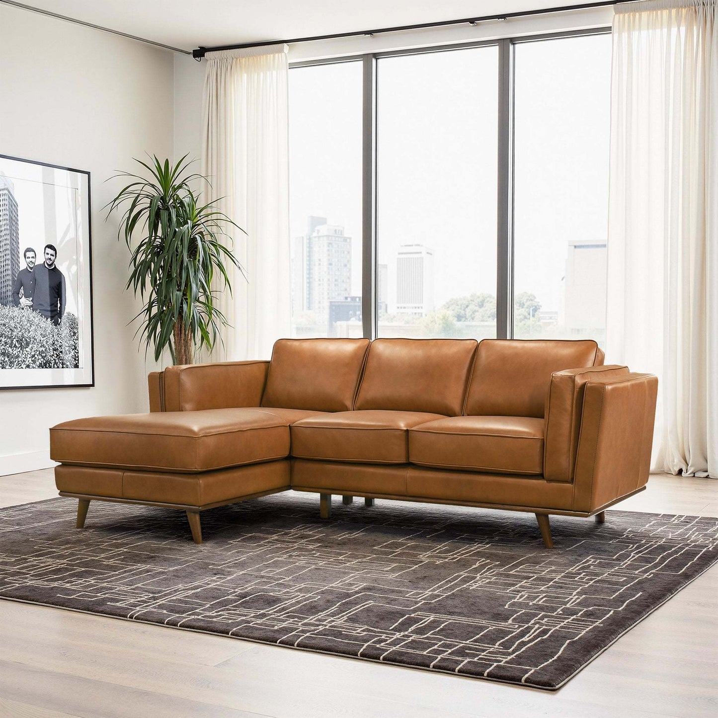 Chase Genuine Leather Sectional Left Facing Sofa Tan Leather 90.90 inches FredCo