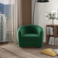 Modern green accent chair in cozy living room with city view, bookshelf, and floor lamp