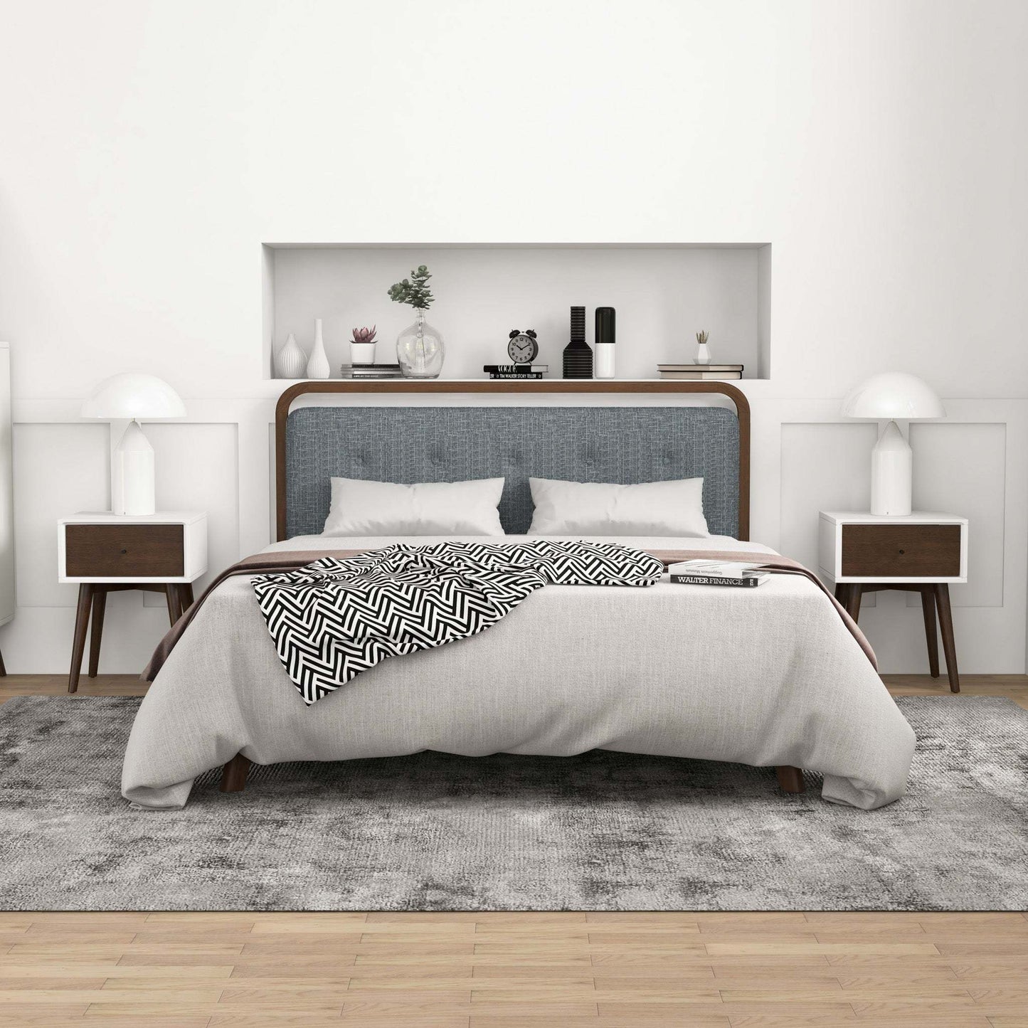 Modern bedroom with upholstered bed, two nightstands, and stylish home decor from FredCo International