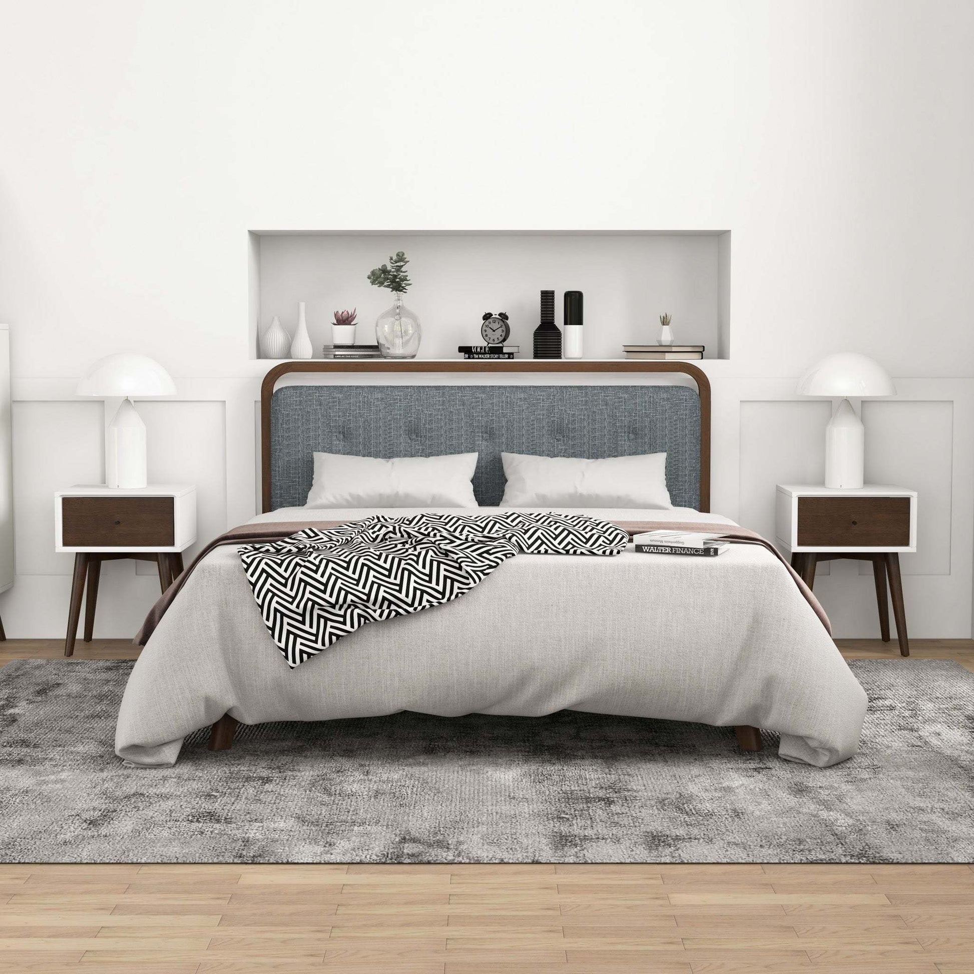 Modern bedroom with upholstered bed, two nightstands, and stylish home decor from FredCo International