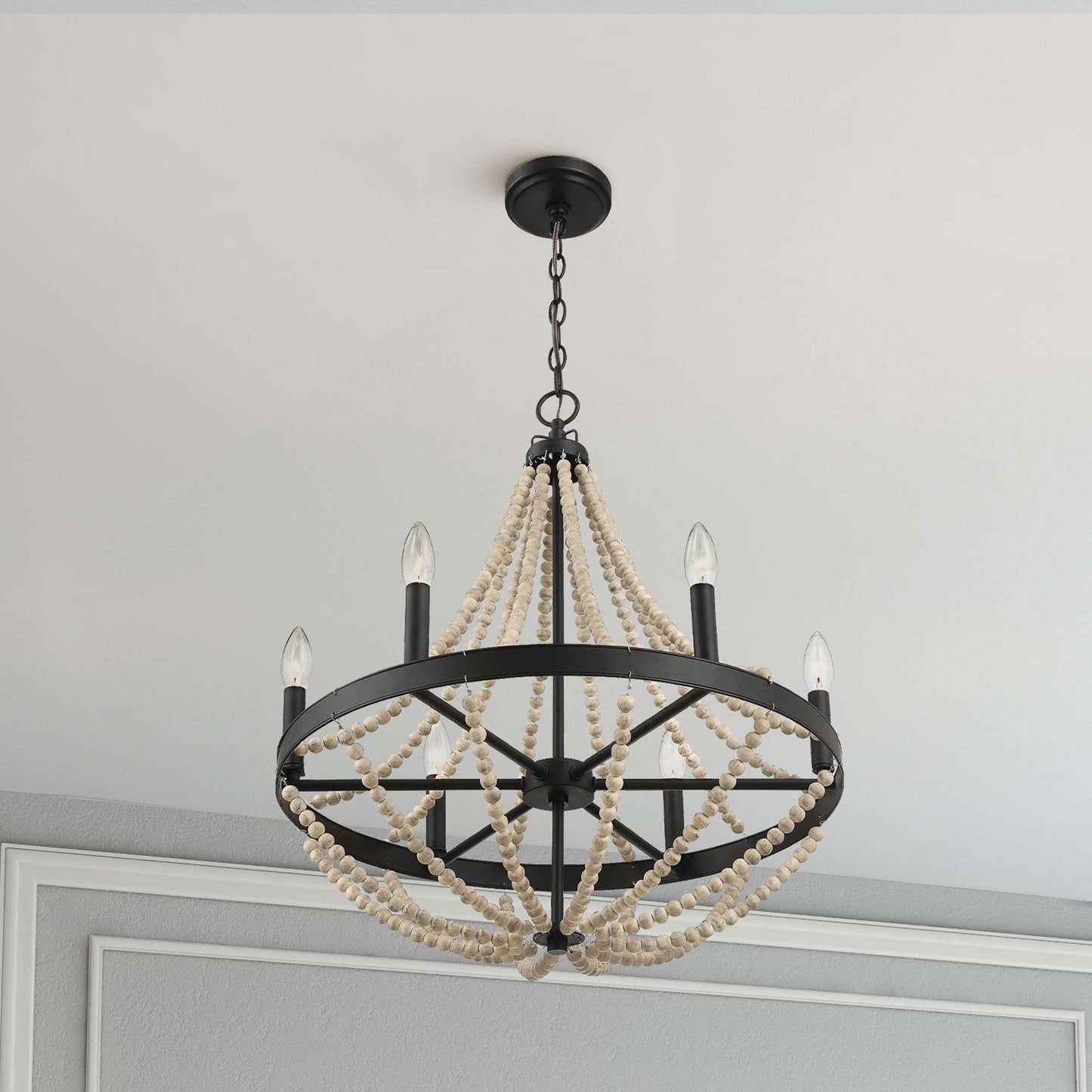 Starry Wood Chandelier Farmhouse Six Candle Light Wood Beaded Black Pendant Light for Dining Room FredCo