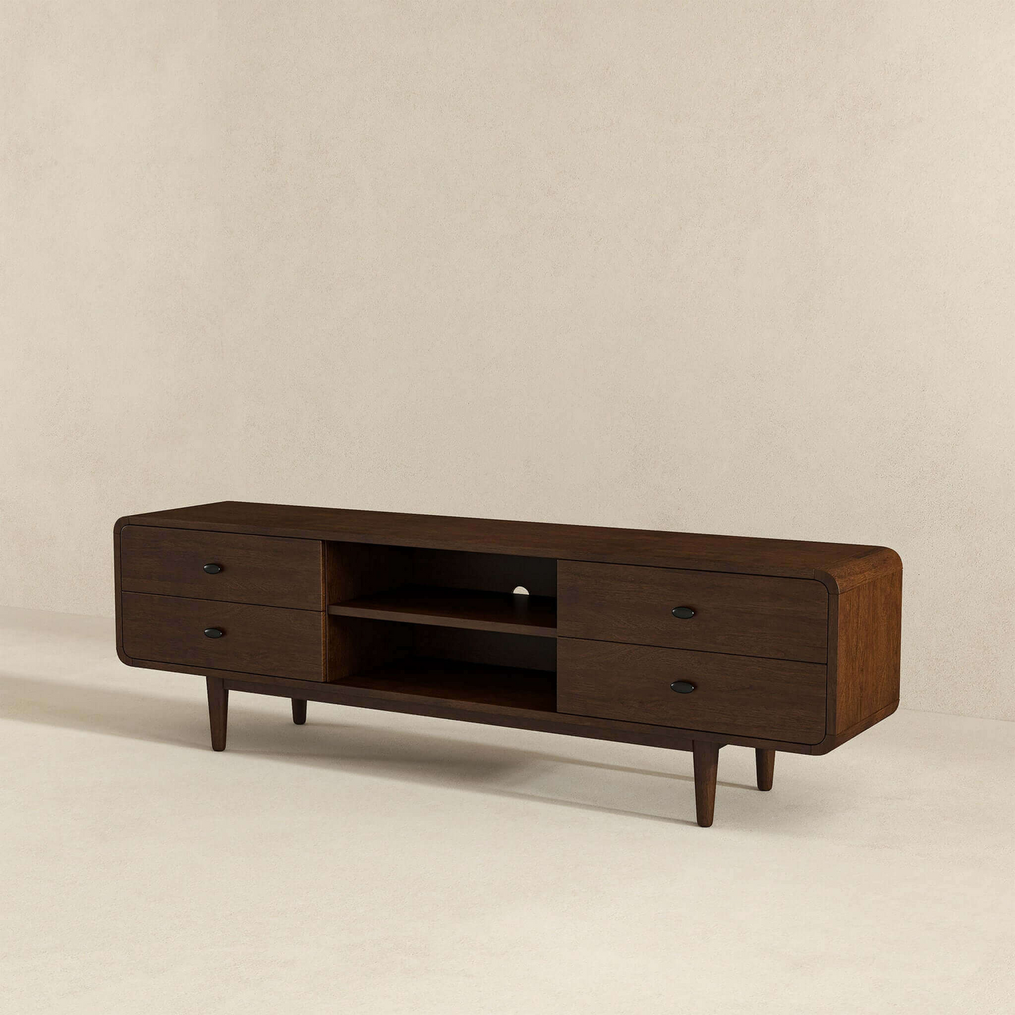 Mid-century modern dark wood TV stand with drawers and open shelves, FredCo International furniture