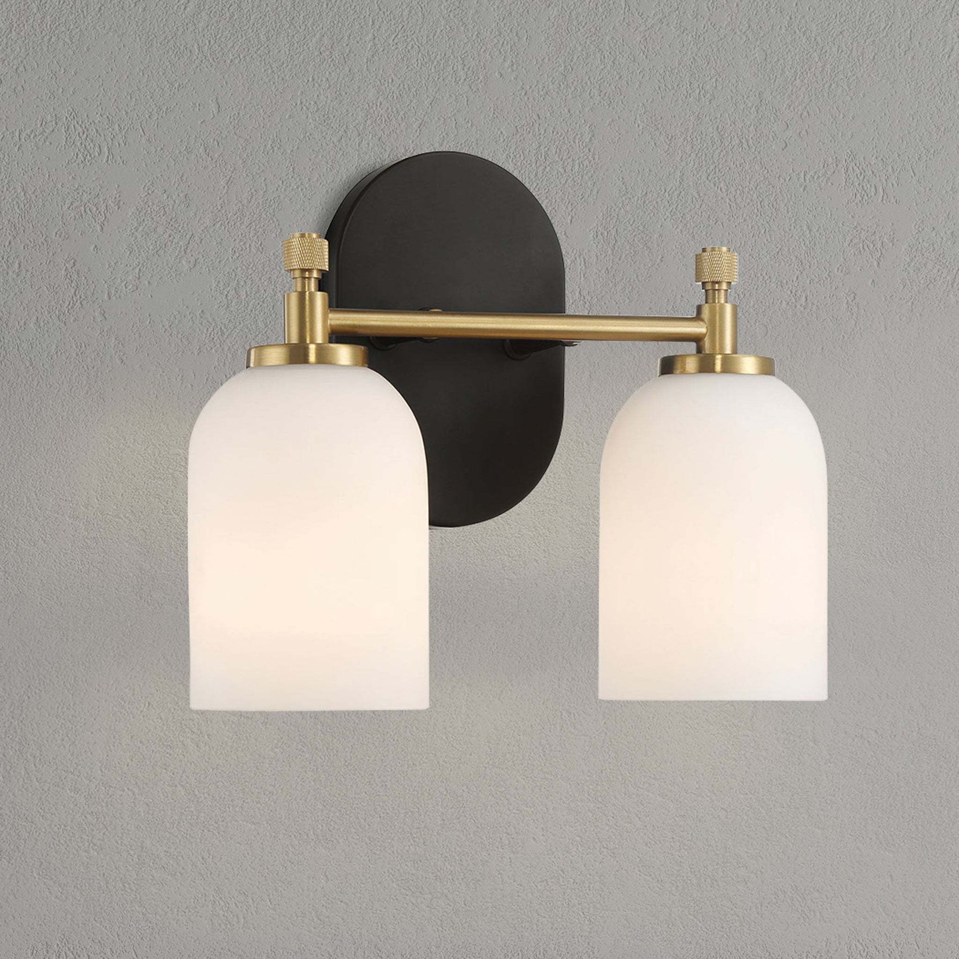 Modern two-light wall sconce with frosted glass shades and brass accents, home lighting décor