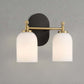 Modern two-light wall sconce with frosted glass shades and brass accents, home lighting décor