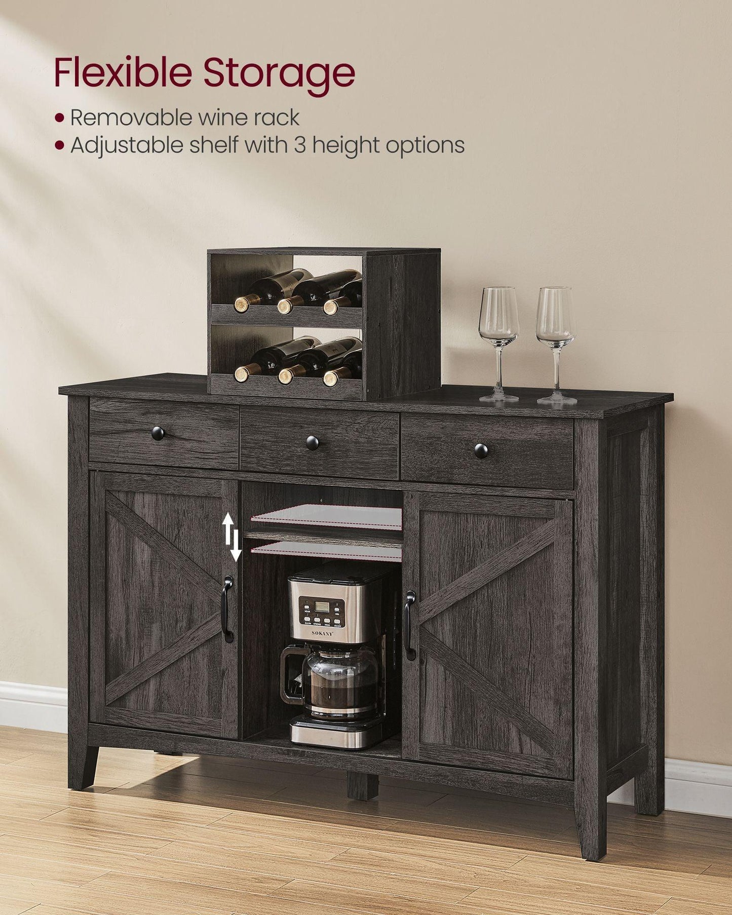 Farmhouse Buffet Cabinet with Wine Rack Stone Gray FredCo