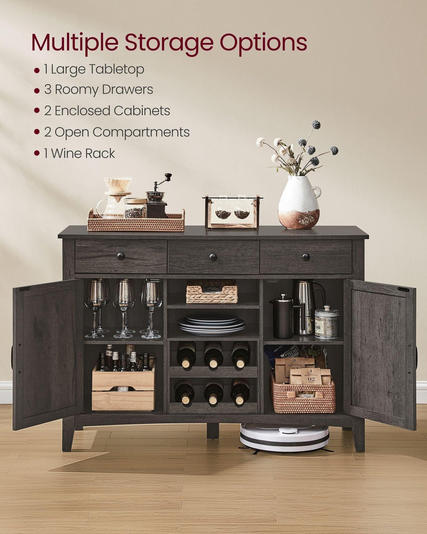 Farmhouse Buffet Cabinet with Wine Rack Stone Gray FredCo