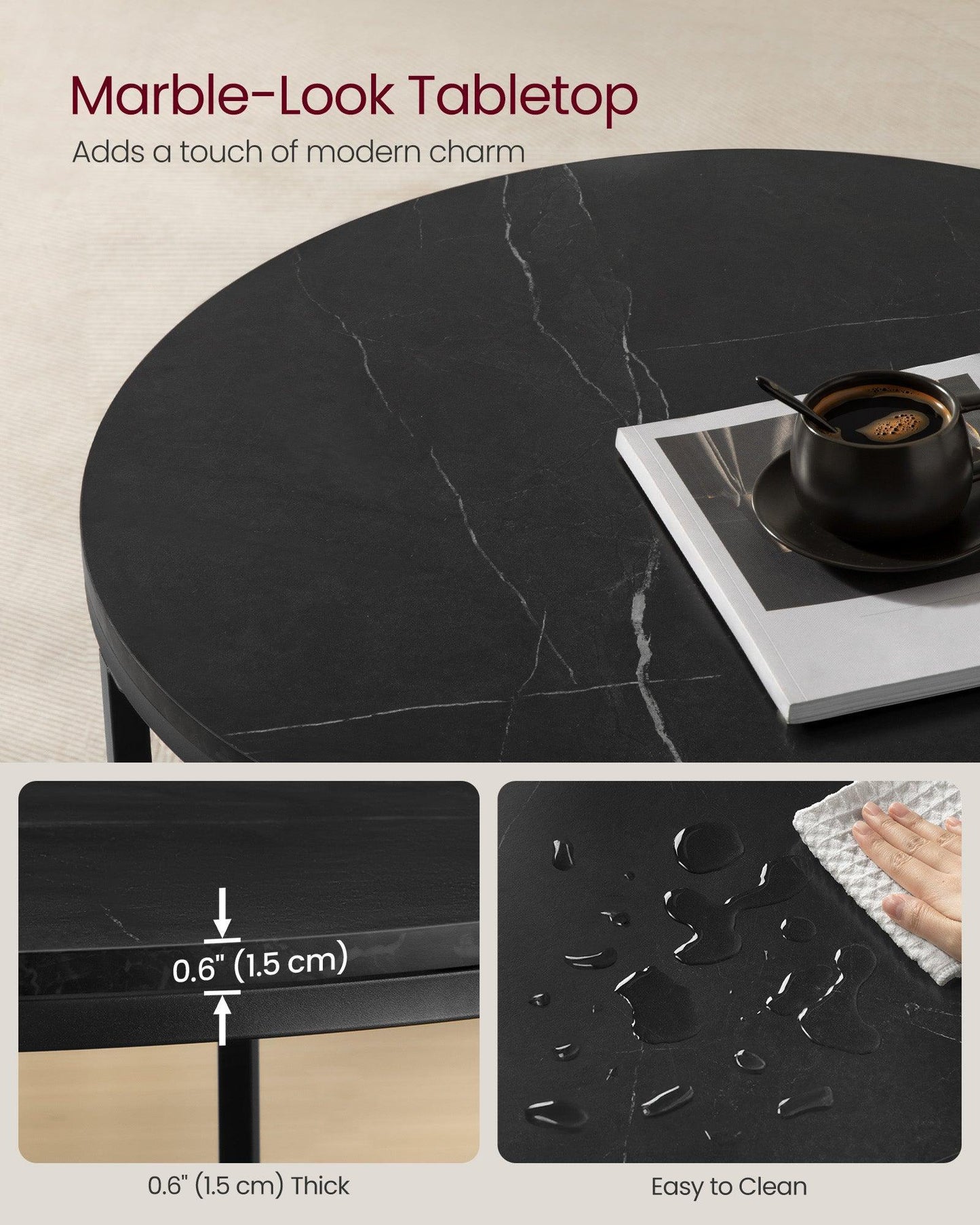 Faux Marble Round Coffee Table Marble Black and Ink Black FredCo