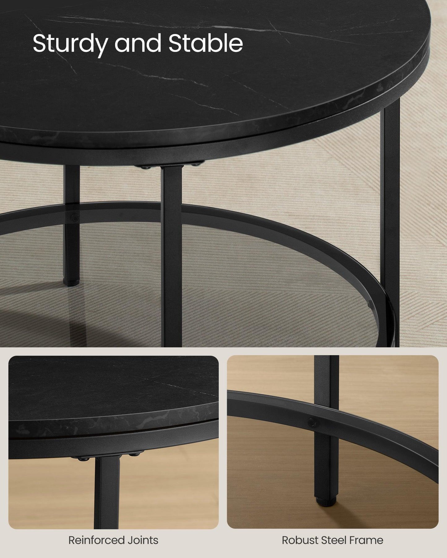 Faux Marble Round Coffee Table Marble Black and Ink Black FredCo