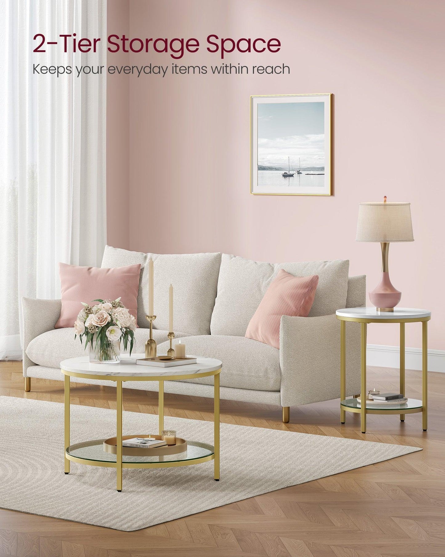Faux Marble Round Coffee Table Marble White and Pale Gold FredCo