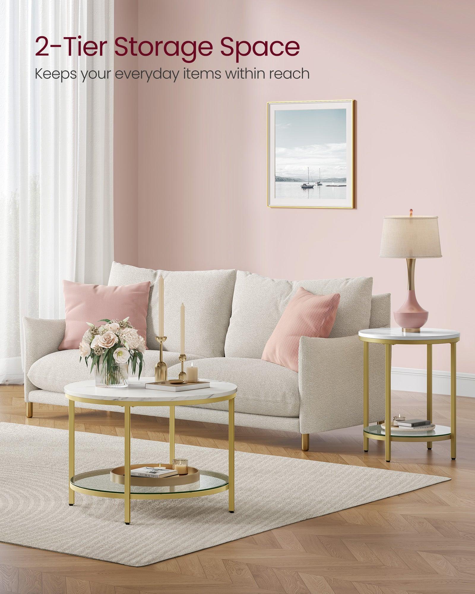 Faux Marble Round Coffee Table Marble White and Pale Gold FredCo