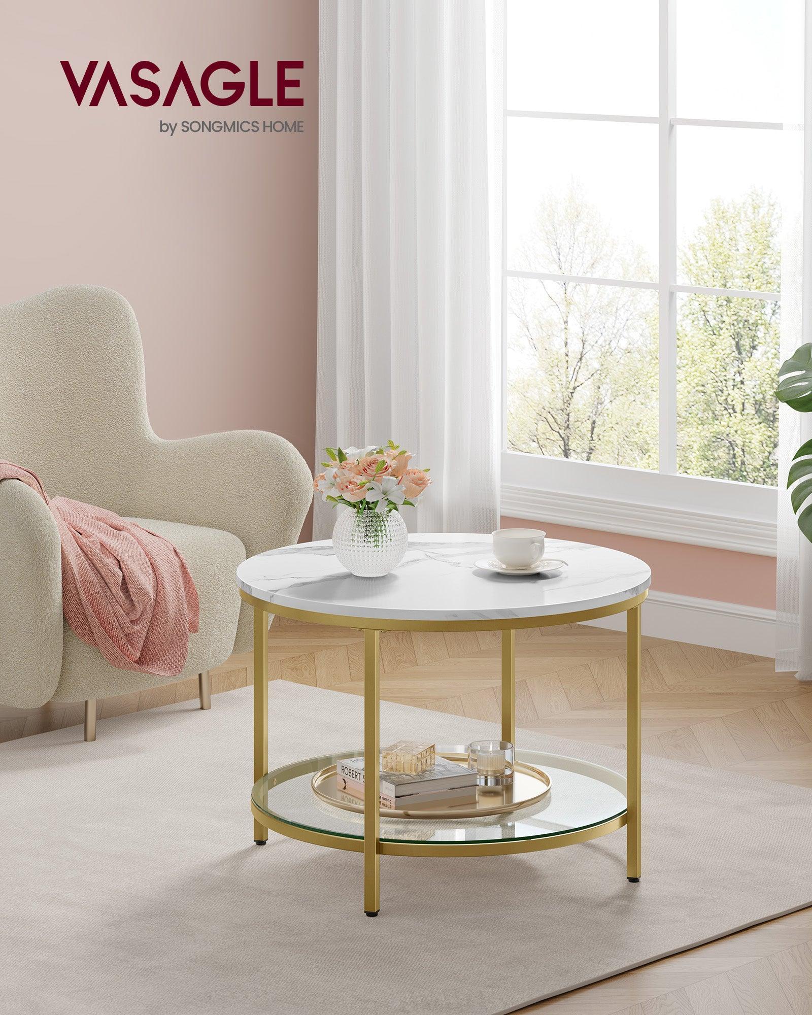 Faux Marble Round Coffee Table Marble White and Pale Gold FredCo