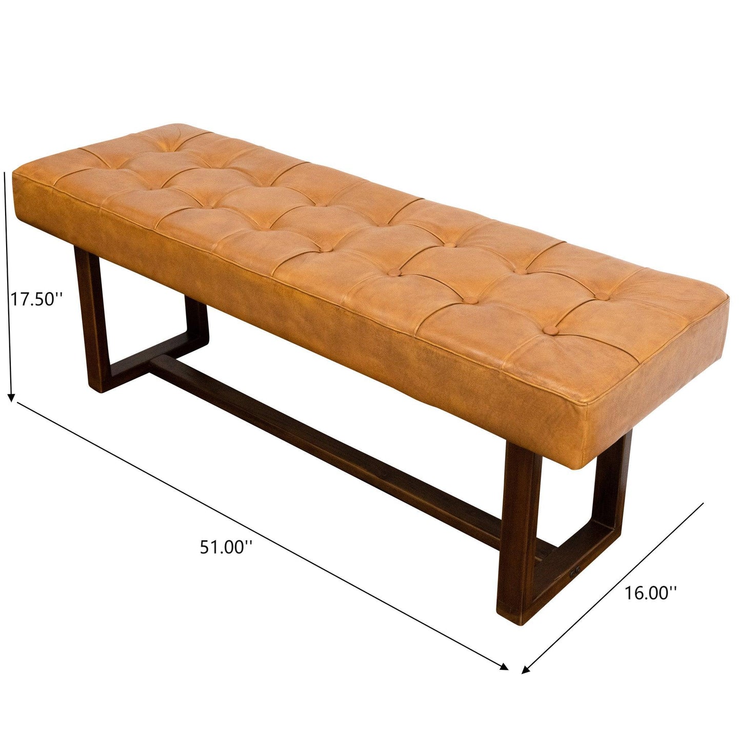 Cameron Mid-Century Modern Tan Leather Bench with Solid Wood Frame 17.5''H x 51''W x 16''D for Living Room Bedroom Waiting Room FredCo