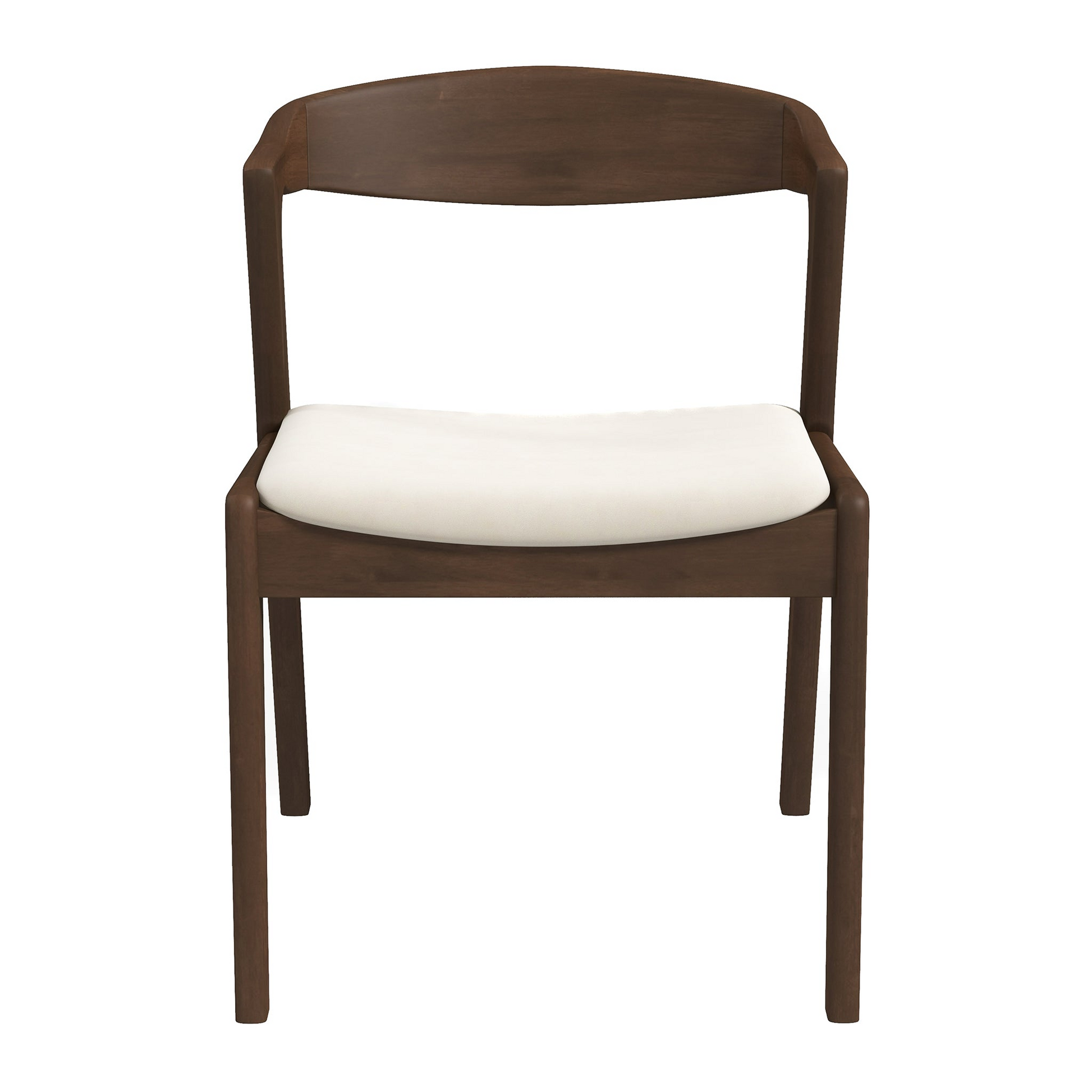 Modern wooden dining chair with curved backrest and white cushioned seat