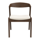 Modern wooden dining chair with curved backrest and white cushioned seat