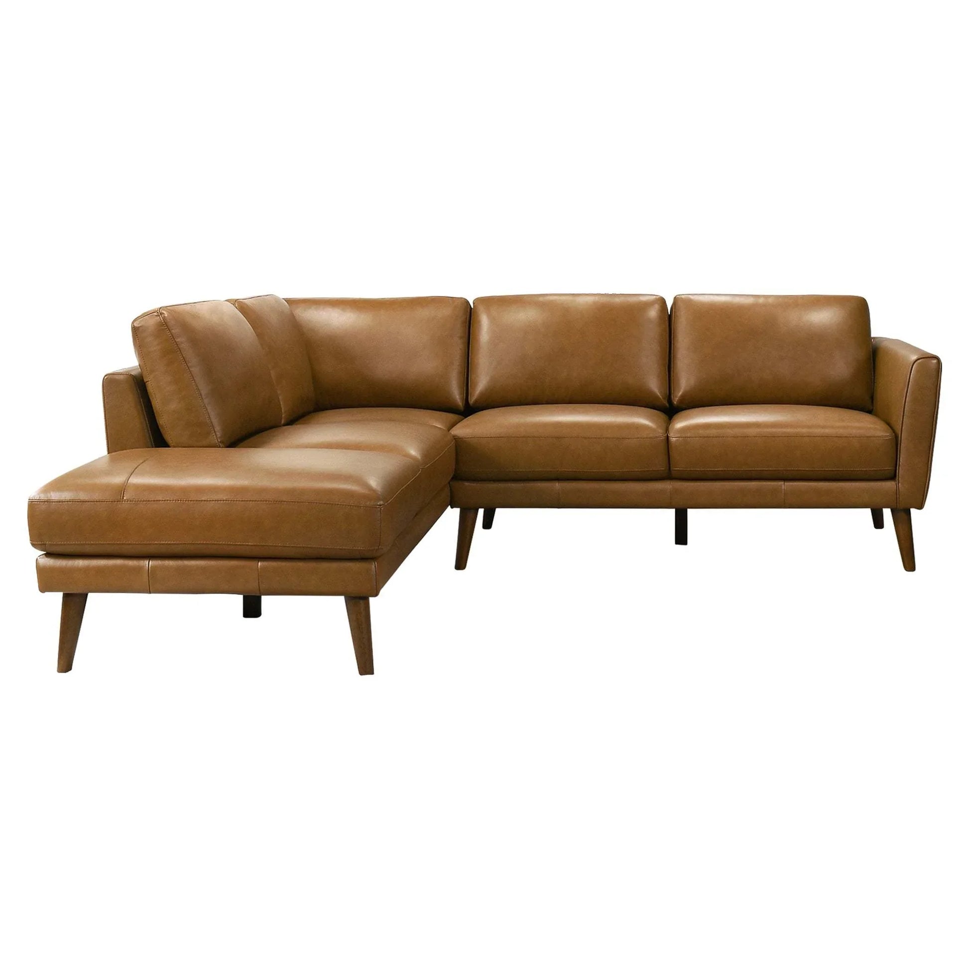 Mid-century modern brown leather sectional sofa with wooden legs, FredCo International furniture