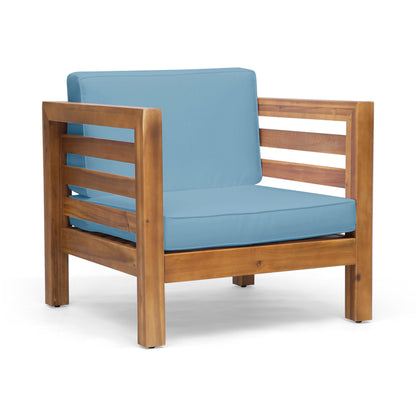 Outdoor Club Chair, Acacia Wood Patio Chair with Fabric Cushion for Backyard, Poolside, Garden or Porch, Teak Frame and Blue Cushion