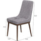 Modern gray upholstered dining chair with dark wooden legs and visible dimensions