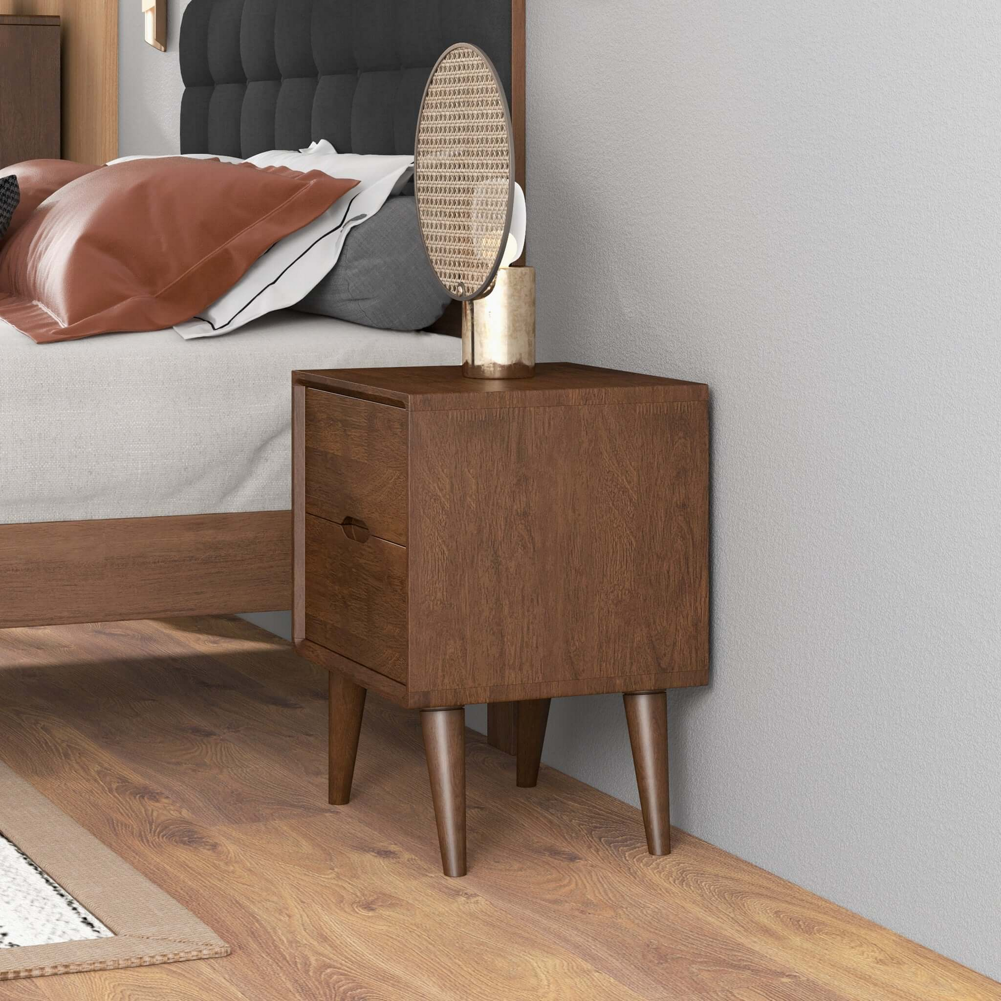 Alexandra Mid-Century Modern Night Stand with 2 Drawers in Walnut Brown Solid Wood 24.8'H x 17.7'W x 15.7'D FredCo