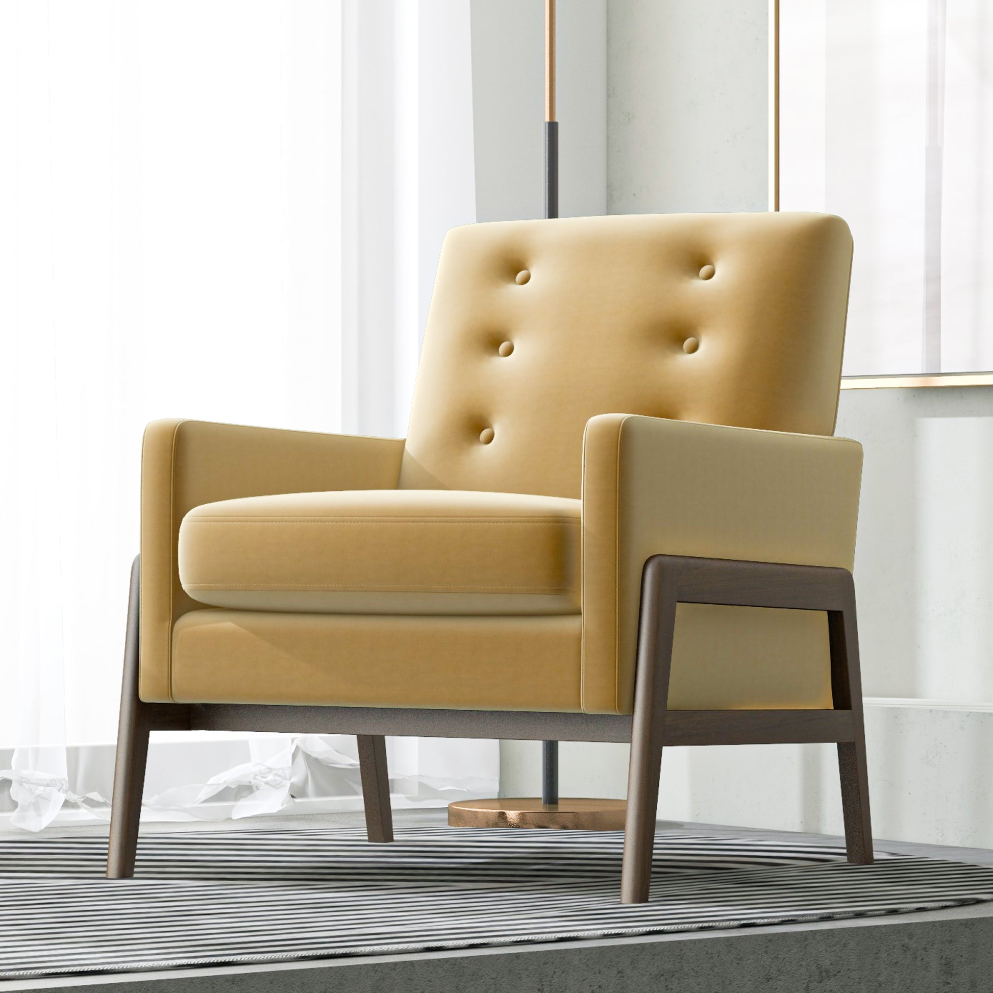 Modern yellow accent chair with wooden legs in bright living room, FredCo International furniture