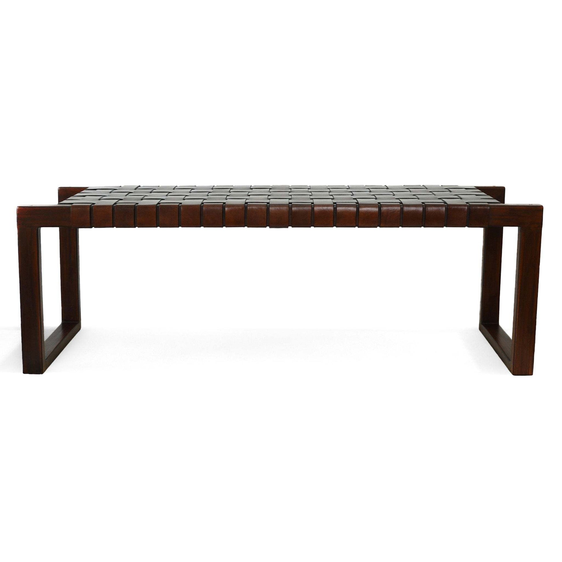 Christina Mid-Century Modern Tan Leather Bench with Solid Wood Frame and Tapered Legs 18.5'H x 55'W x 15.7'D for Living Room Bedroom Waiting Room FredCo