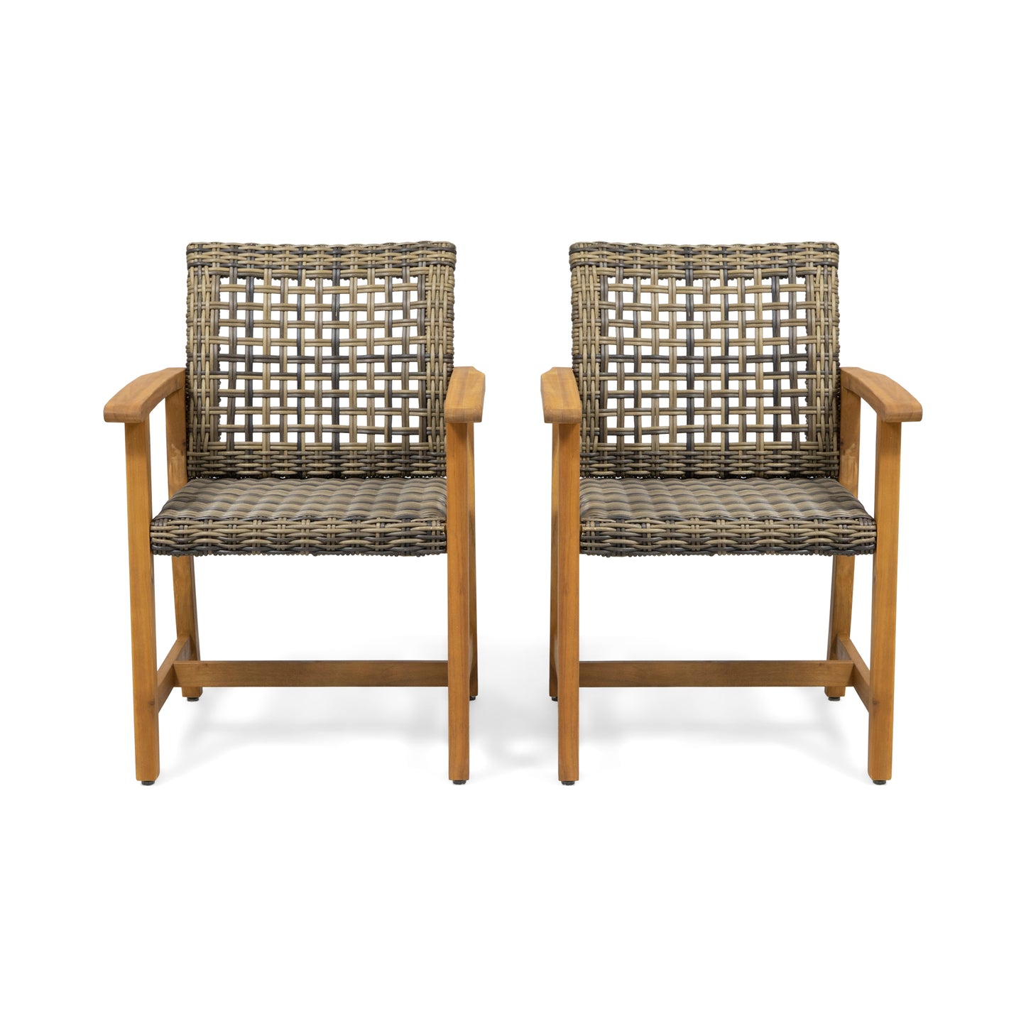 Outdoor Dining Chair Set of 2, Teak Acacia Wood Frame and Grey PE Rattan Wicker