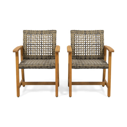 Outdoor Dining Chair Set of 2, Teak Acacia Wood Frame and Grey PE Rattan Wicker