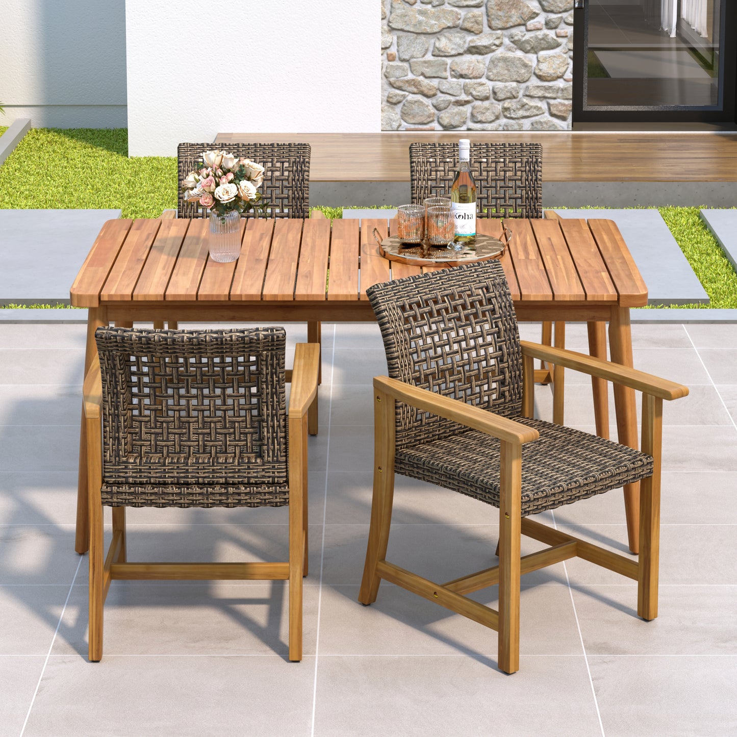 5-Piece Patio Dining Set, 63' Slatted Table & 4 Acacia Wood & PE Rattan Chairs for Patio Garden FredCo