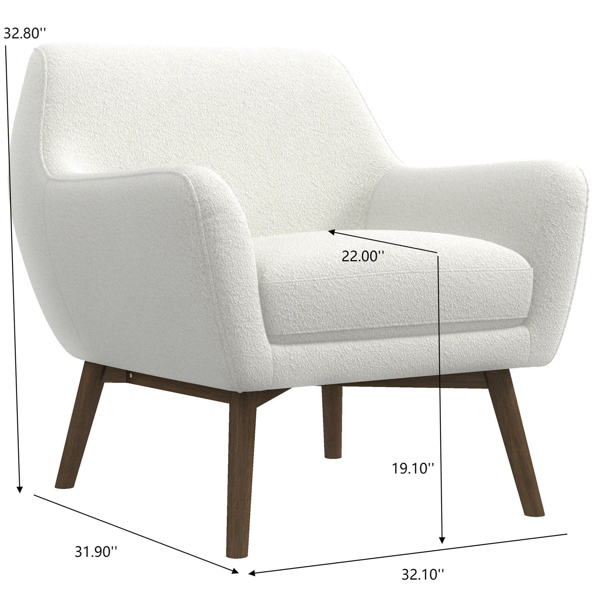 Modern white upholstered accent chair with wooden legs and dimensions, FredCo International furniture
