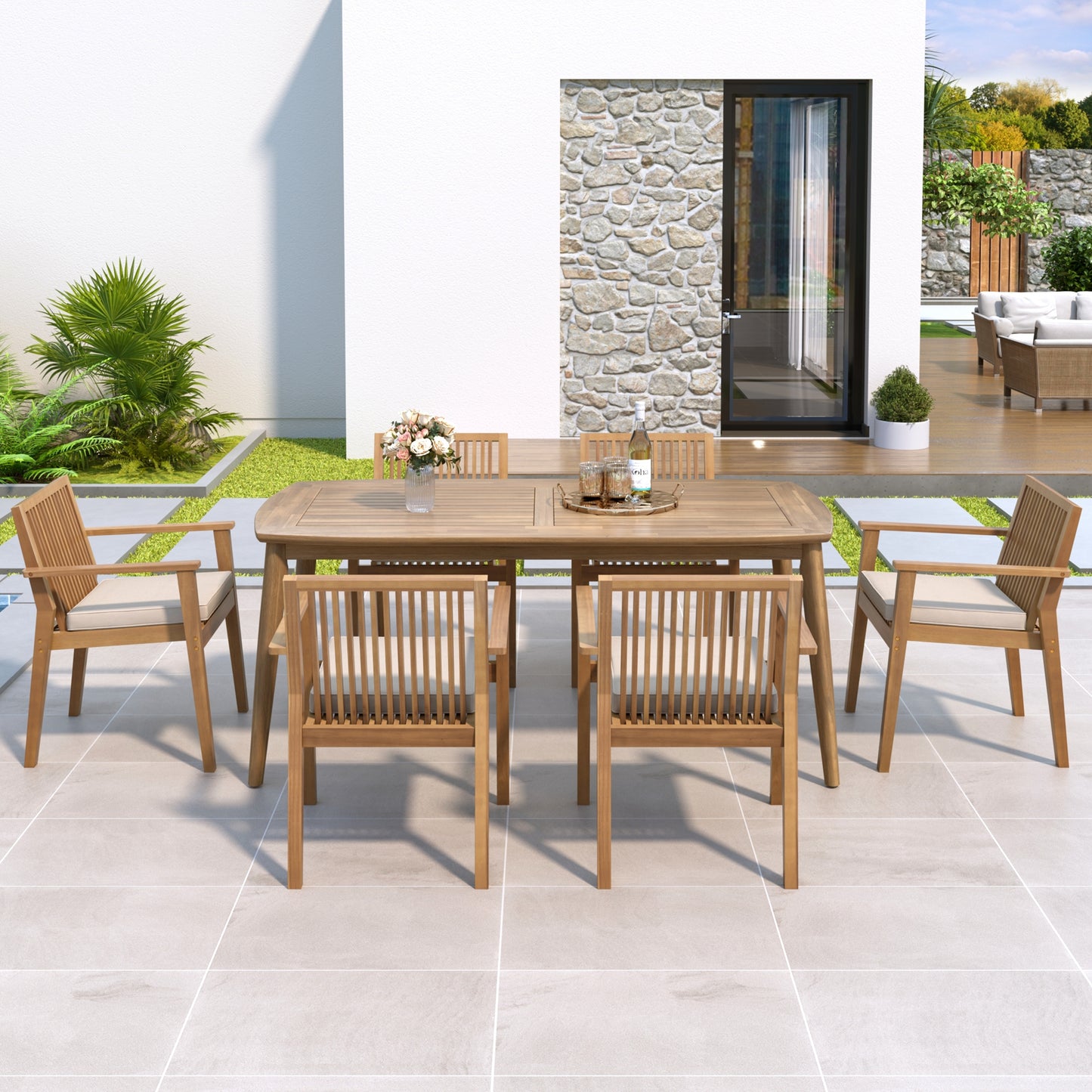 7-Piece Acacia Wood Outdoor Dining Set - 70.75' Table & 6 Chairs with Removable Cushions for Patio Garden FredCo
