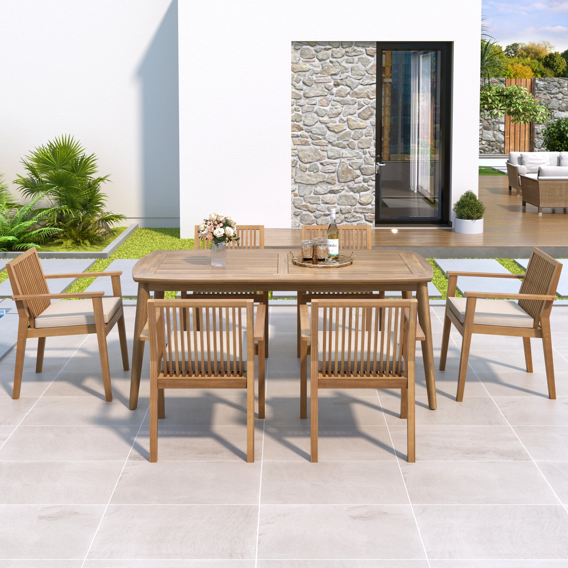 7-Piece Acacia Wood Outdoor Dining Set - 70.75' Table & 6 Chairs with Removable Cushions for Patio Garden FredCo