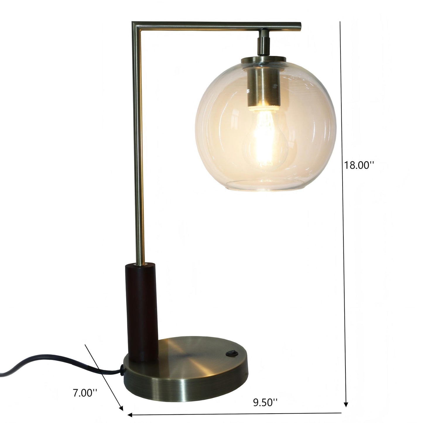 Modern brass desk lamp with round glass shade and dimensions, FredCo International furniture