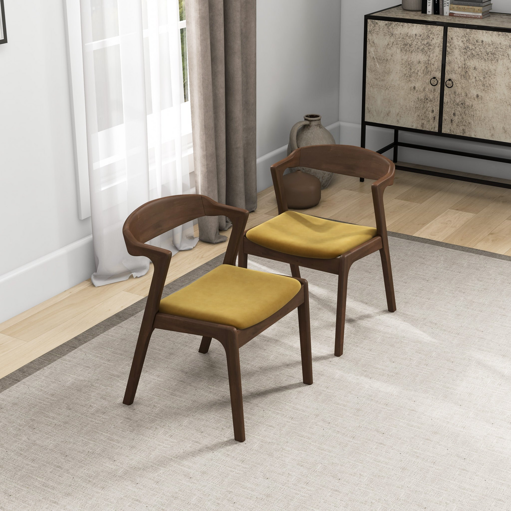 Dakota Dark Yellow Velvet Dining Chair (Set of 2) With Solid Wood Legs and Mid-Century Modern Design 29.3'H x 16'W x 22'D FredCo