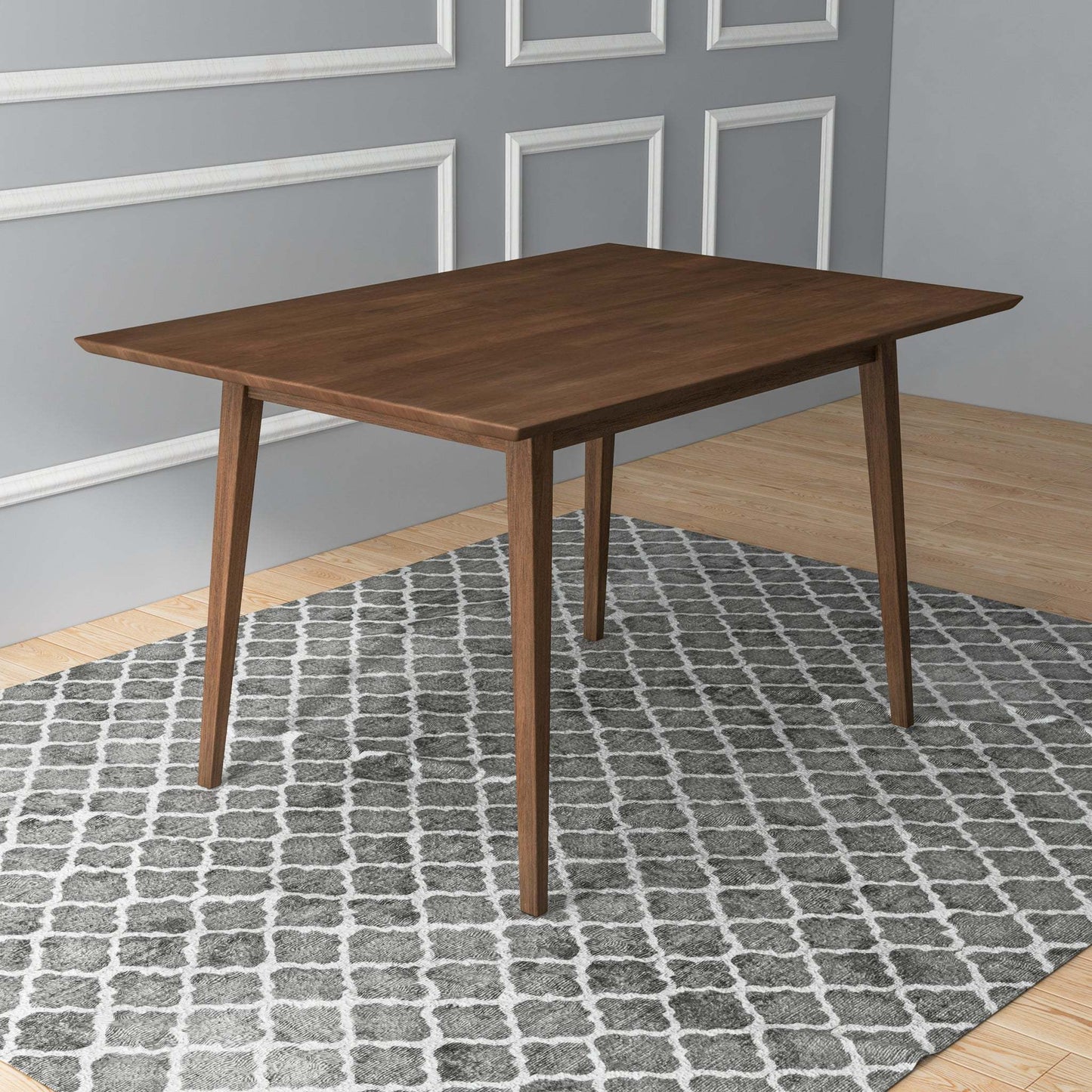Modern wooden dining table on gray patterned rug in stylish home interior, FredCo International