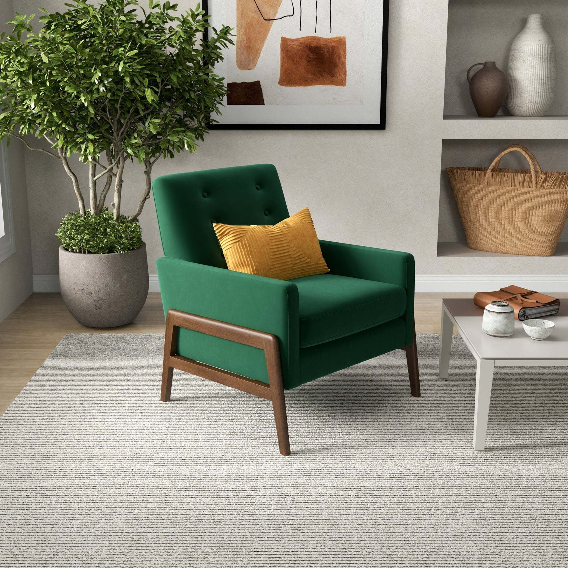 Modern green accent chair with wooden frame and yellow pillow in stylish living room