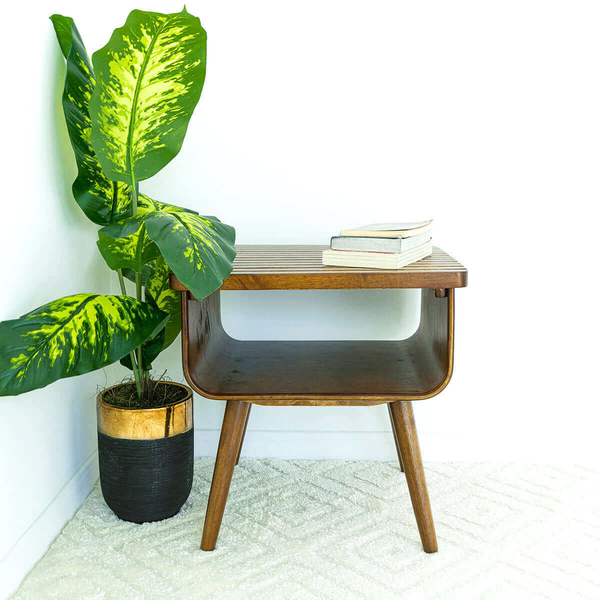 Mid-century modern wood side table with books, indoor plant, and white rug