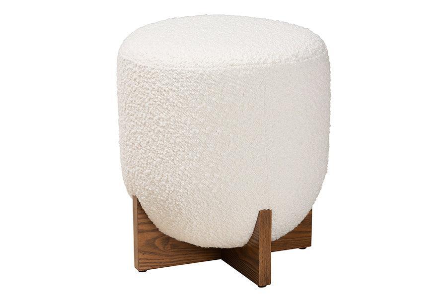 Fisk Japandi Cream Boucle Fabric and Walnut Brown Finished Wood Ottoman Footstool FredCo