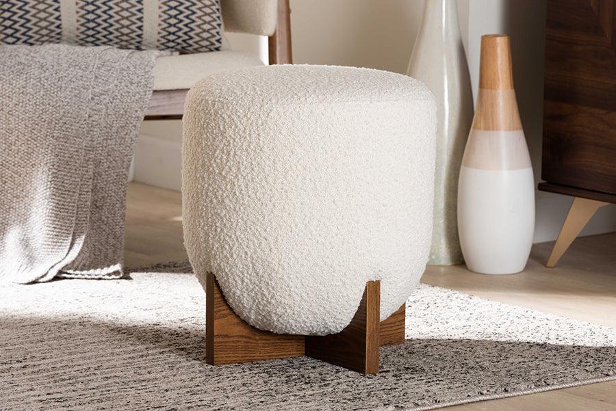 Fisk Japandi Cream Boucle Fabric and Walnut Brown Finished Wood Ottoman Footstool FredCo