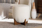 Fisk Japandi Cream Boucle Fabric and Walnut Brown Finished Wood Ottoman Footstool FredCo