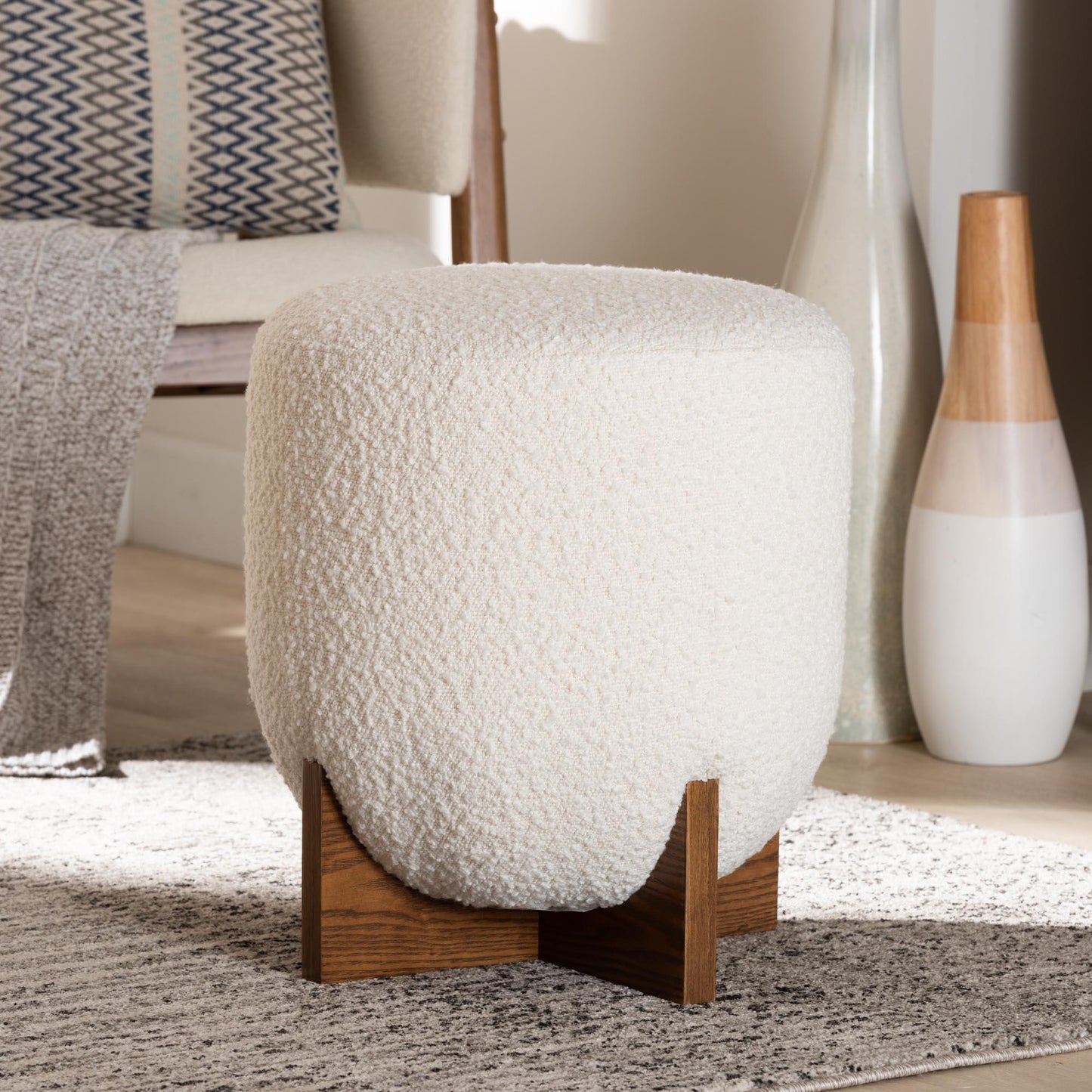 Fisk Japandi Cream Boucle Fabric and Walnut Brown Finished Wood Ottoman Footstool FredCo