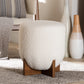 Fisk Japandi Cream Boucle Fabric and Walnut Brown Finished Wood Ottoman Footstool FredCo