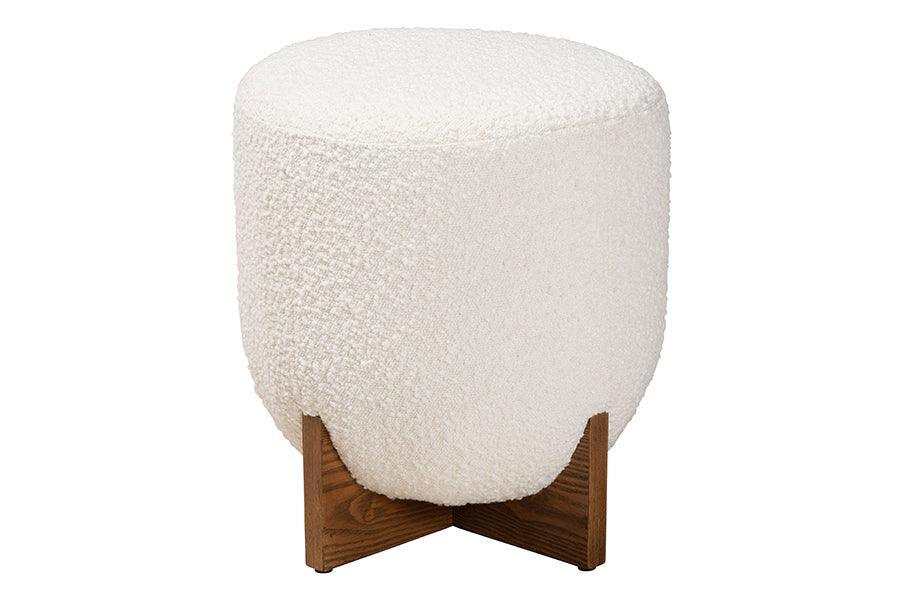 Fisk Japandi Cream Boucle Fabric and Walnut Brown Finished Wood Ottoman Footstool FredCo